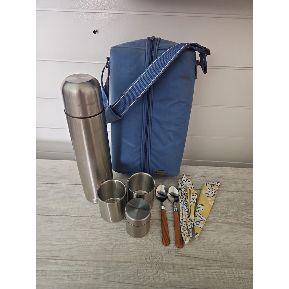 Eddie Bauer Vintage Stainless Steel Thermos Picnic Travel Set Blue